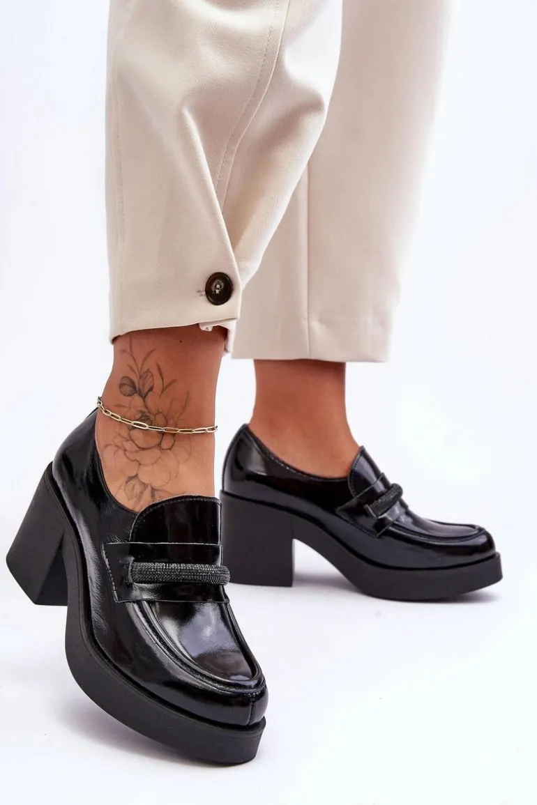 Skórzane Półbuty Na Słupku Z Ozdobą Czarne Lemar Gelanor