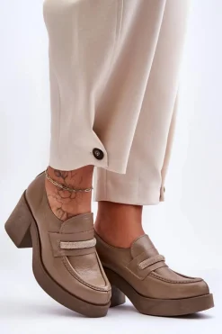 Skórzane Półbuty Na Słupku Z Ozdobą Ciemnobeżowe Lemar Gelanor