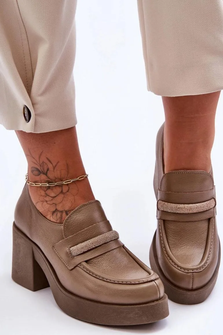 Skórzane Półbuty Na Słupku Z Ozdobą Ciemnobeżowe Lemar Gelanor