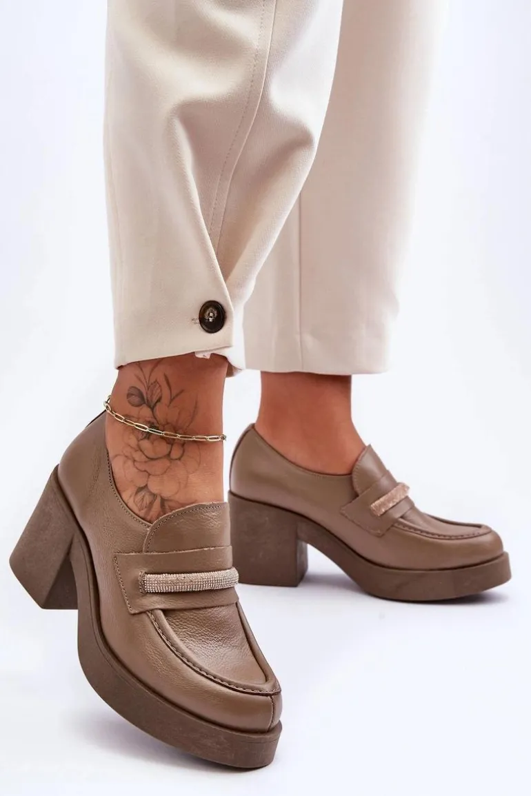 Skórzane Półbuty Na Słupku Z Ozdobą Ciemnobeżowe Lemar Gelanor