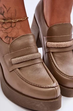 Skórzane Półbuty Na Słupku Z Ozdobą Ciemnobeżowe Lemar Gelanor
