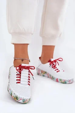 Skórzane Półbuty Na Wzorzystej Platformie Artiker 54C1567 Biało-Czerwone