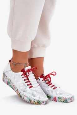 Skórzane Półbuty Na Wzorzystej Platformie Artiker 54C1567 Biało-Czerwone
