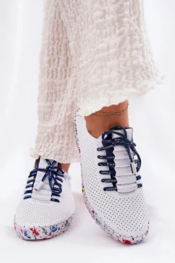 Skórzane Półbuty Na Wzorzystej Platformie Artiker 52C1713 Biało-Granatowe