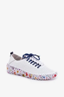 Skórzane Półbuty Na Wzorzystej Platformie Artiker 52C1713 Biało-Granatowe