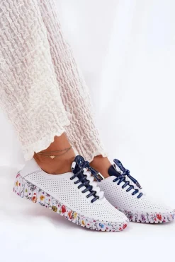 Skórzane Półbuty Na Wzorzystej Platformie Artiker 52C1713 Biało-Granatowe