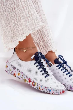 Skórzane Półbuty Na Wzorzystej Platformie Artiker 52C1713 Biało-Granatowe