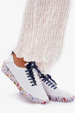 Skórzane Półbuty Na Wzorzystej Platformie Artiker 52C1713 Biało-Granatowe