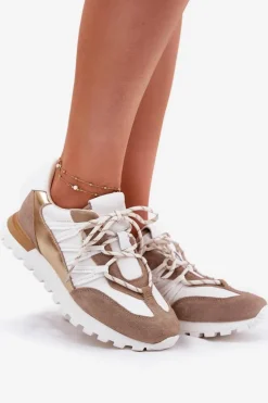 Skórzane Półbuty Sneakersy Damskie Artiker 56C1738 Beżowo-Złote
