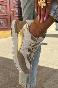 Skórzane Półbuty Sneakersy Damskie Artiker 56C1738 Beżowo-Złote