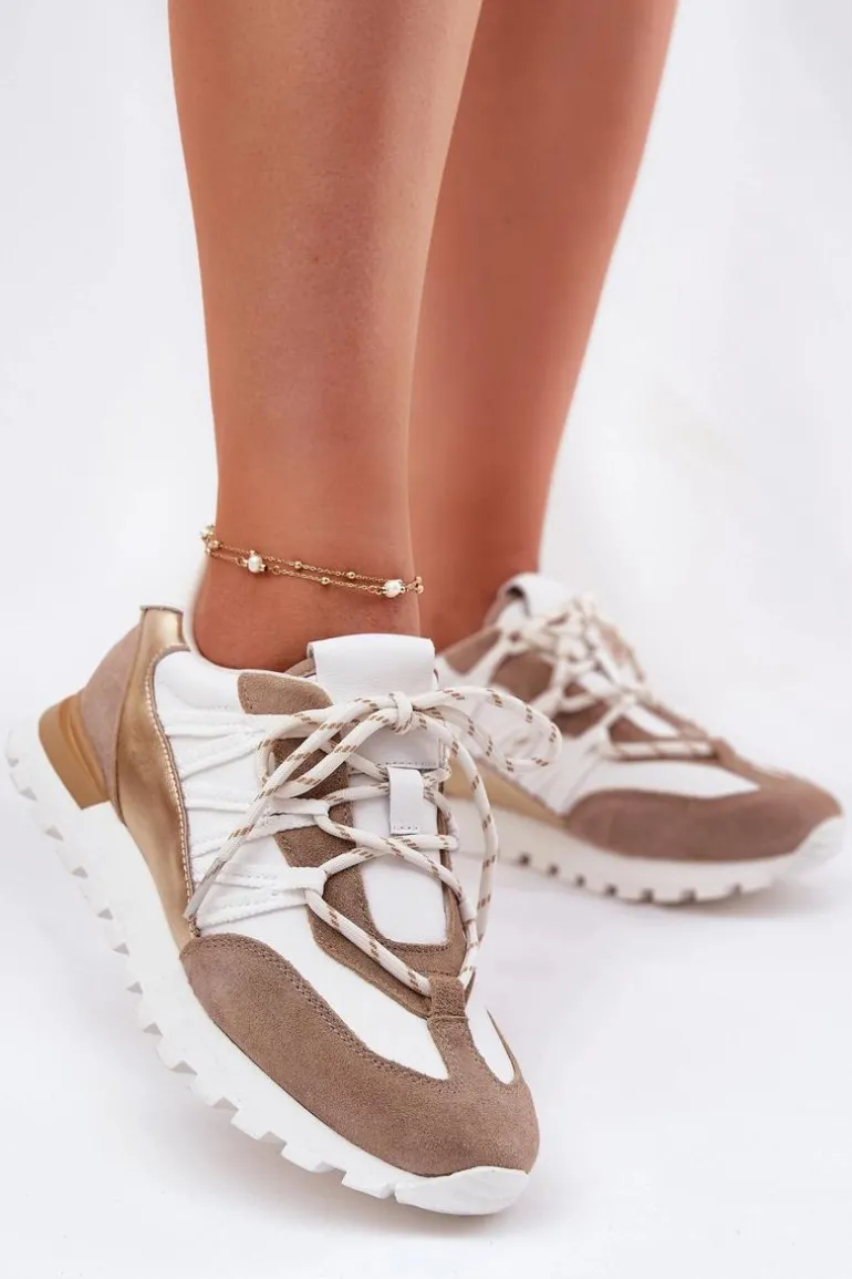 Skórzane Półbuty Sneakersy Damskie Artiker 56C1738 Beżowo-Złote