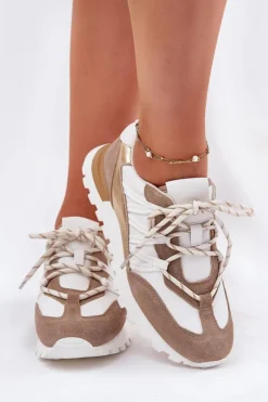 Skórzane Półbuty Sneakersy Damskie Artiker 56C1738 Beżowo-Złote