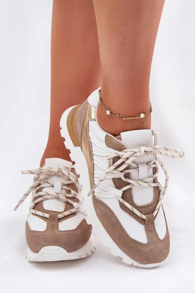 Skórzane Półbuty Sneakersy Damskie Artiker 56C1738 Beżowo-Złote