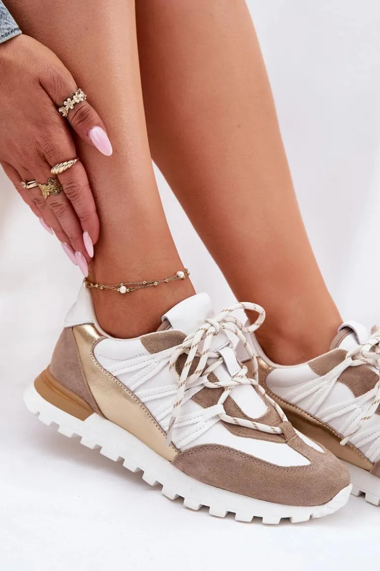 Skórzane Półbuty Sneakersy Damskie Artiker 56C1738 Beżowo-Złote