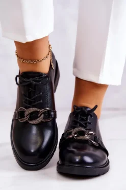 Skórzane Półbuty Wiązane Z Ozdobą Czarne Larosa