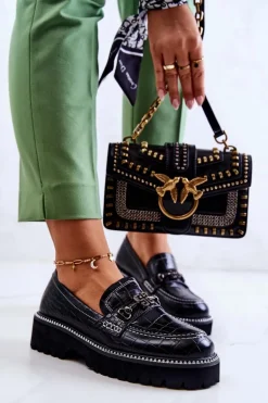 Skórzane Półbuty Wężowe Z Ozdobą Czarne Adison