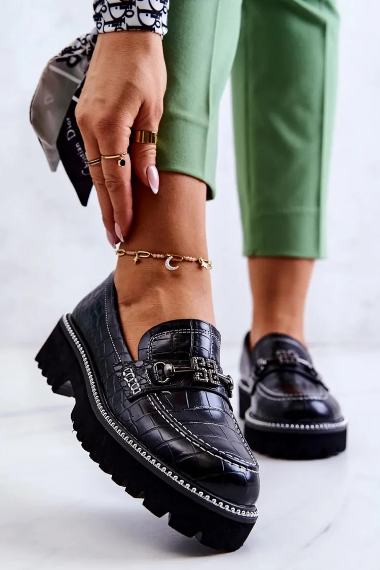 Skórzane Półbuty Wężowe Z Ozdobą Czarne Adison