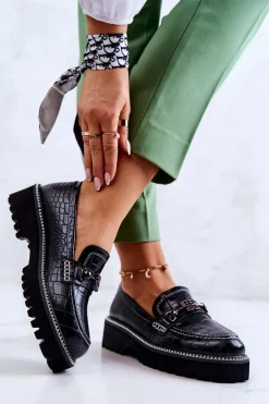 Skórzane Półbuty Wężowe Z Ozdobą Czarne Adison