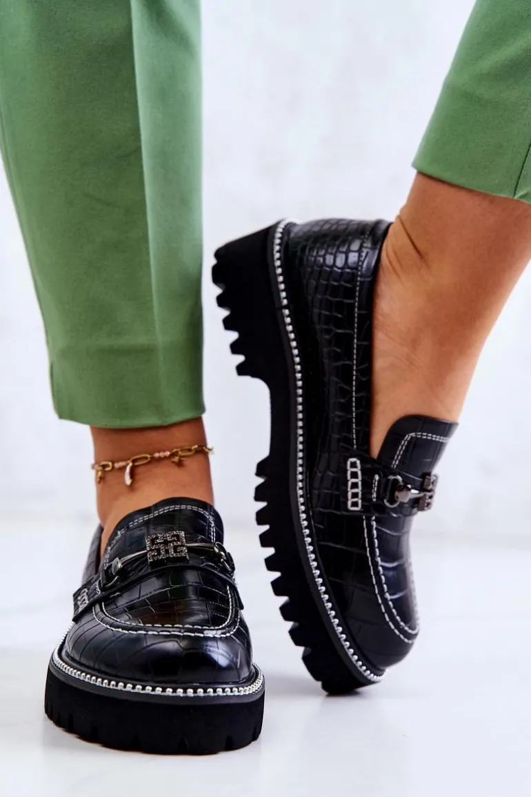 Skórzane Półbuty Wężowe Z Ozdobą Czarne Adison