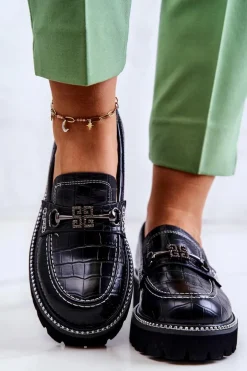 Skórzane Półbuty Wężowe Z Ozdobą Czarne Adison