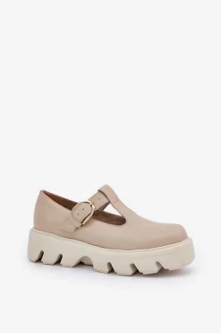 Skórzane Półbuty Z Klamrą Zazoo 20183 Beżowe