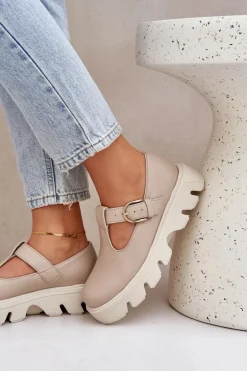 Skórzane Półbuty Z Klamrą Zazoo 20183 Beżowe