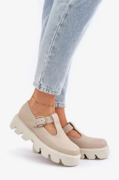 Skórzane Półbuty Z Klamrą Zazoo 20183 Beżowe