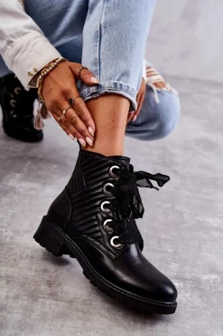 Skórzane Pikowane Botki Z Ociepleniem Czarne Torino