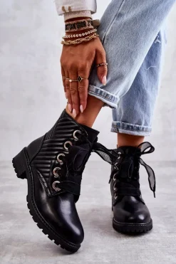 Skórzane Pikowane Botki Z Ociepleniem Czarne Torino