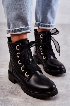 Skórzane Pikowane Botki Z Ociepleniem Czarne Torino