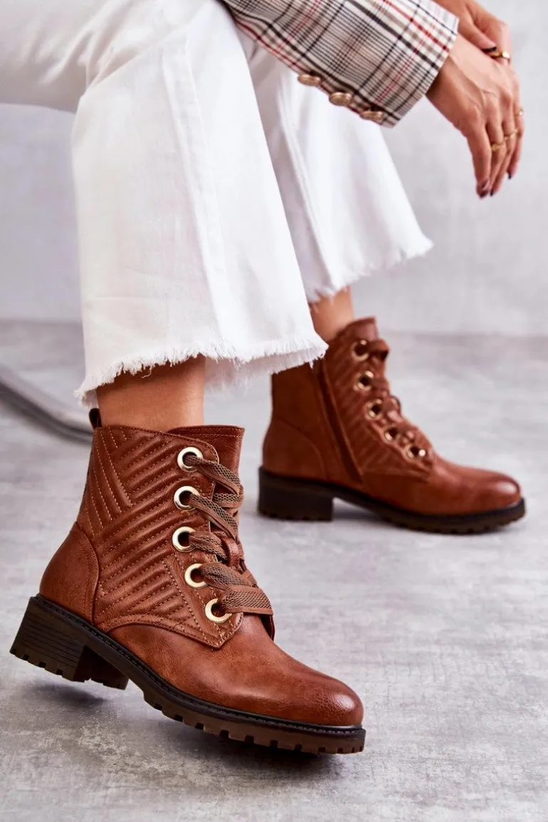 Skórzane Pikowane Botki Z Ociepleniem Brązowe Torino