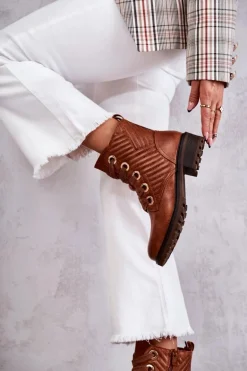 Skórzane Pikowane Botki Z Ociepleniem Brązowe Torino