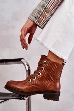 Skórzane Pikowane Botki Z Ociepleniem Brązowe Torino