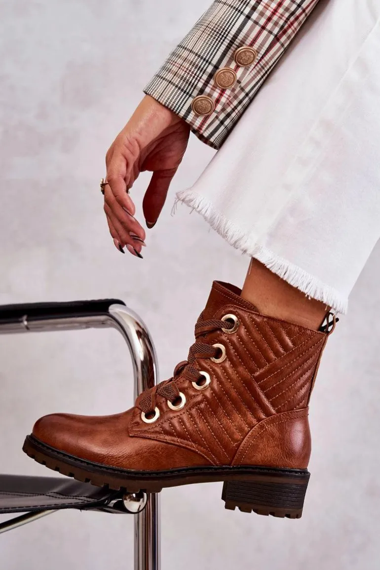 Skórzane Pikowane Botki Z Ociepleniem Brązowe Torino