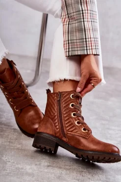 Skórzane Pikowane Botki Z Ociepleniem Brązowe Torino