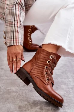 Skórzane Pikowane Botki Z Ociepleniem Brązowe Torino