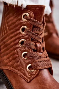 Skórzane Pikowane Botki Z Ociepleniem Brązowe Torino