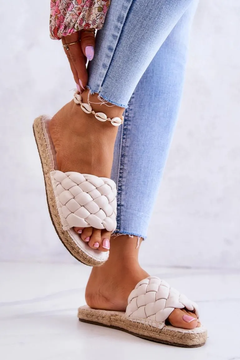 Skórzane Plecione Klapki Big Star JJ274922 Beżowe