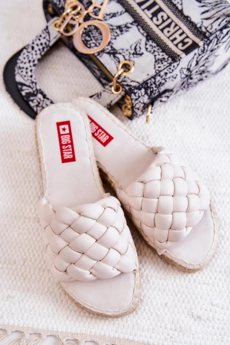 Skórzane Plecione Klapki Big Star JJ274922 Beżowe