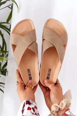 Skórzane Profilowane Klapki Big Star HH274593 Beżowe