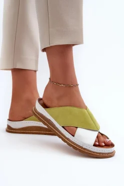 Skórzane Profilowane Klapki Maciejka 04986-11 Limonkowe
