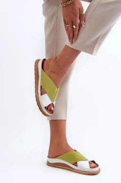 Skórzane Profilowane Klapki Maciejka 04986-11 Limonkowe