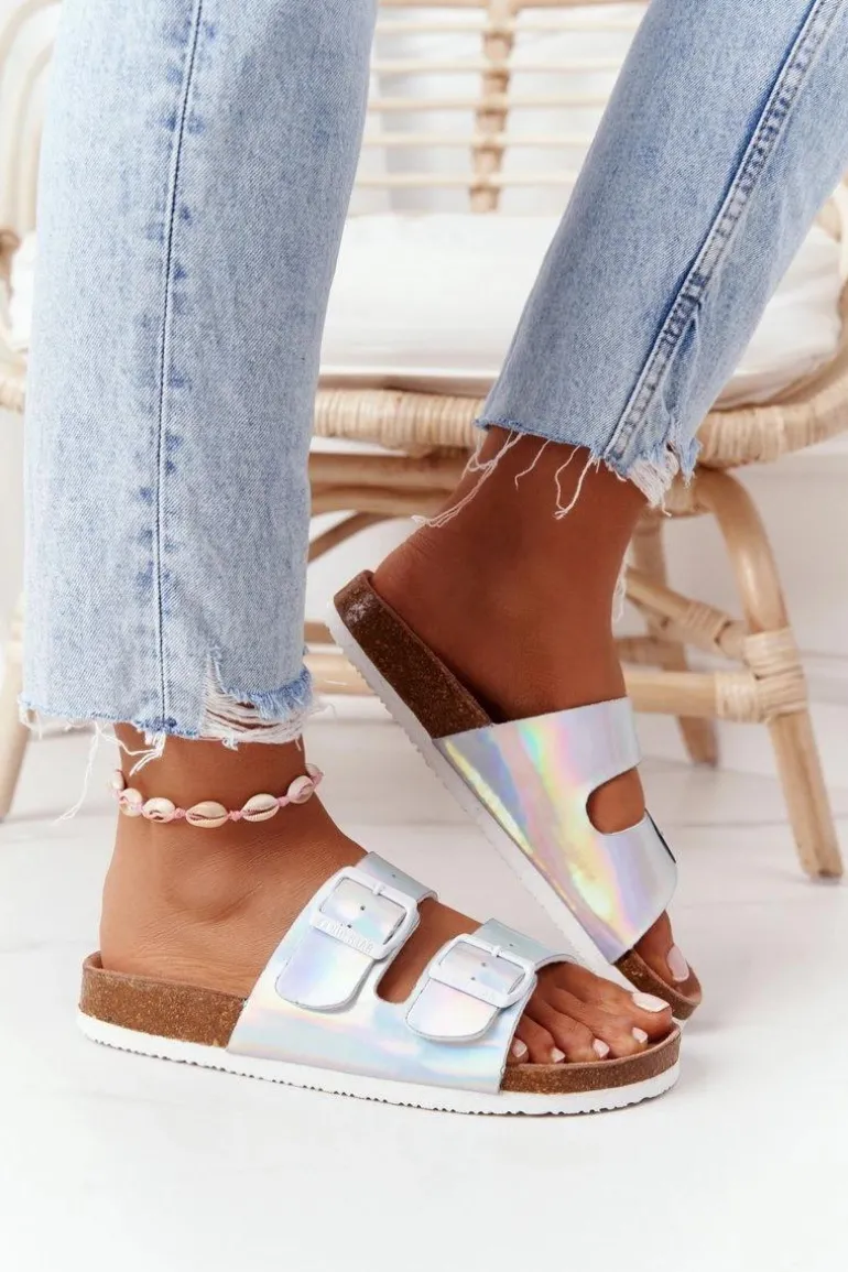 Skórzane Profilowane Klapki Big Star HH274895 Srebrne