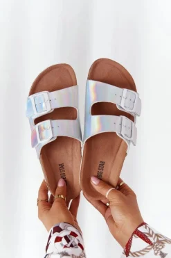 Skórzane Profilowane Klapki Big Star HH274895 Srebrne