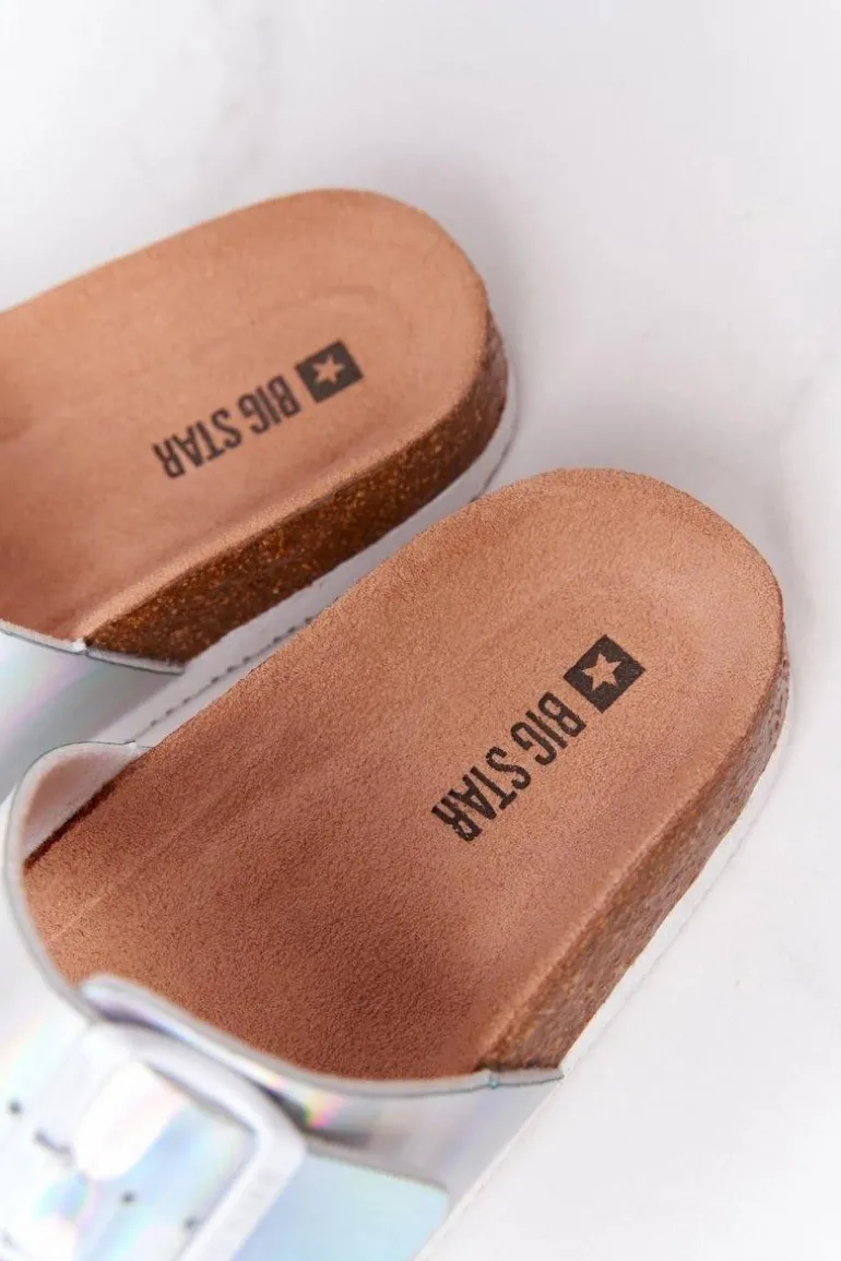 Skórzane Profilowane Klapki Big Star HH274895 Srebrne