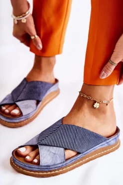 Skórzane Profilowane Klapki Maciejka 04986-17 Niebieskie