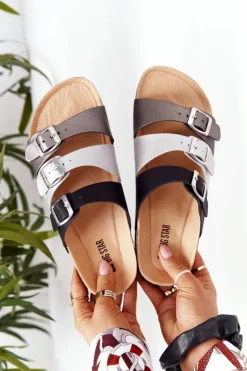 Skórzane Profilowane Klapki Big Star HH274588 Czarno-Srebrne