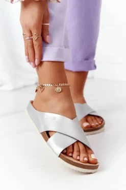 Skórzane Profilowane Klapki Big Star HH274650 Srebrne