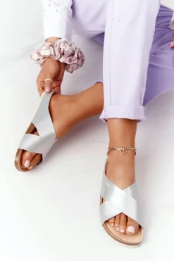 Skórzane Profilowane Klapki Big Star HH274650 Srebrne