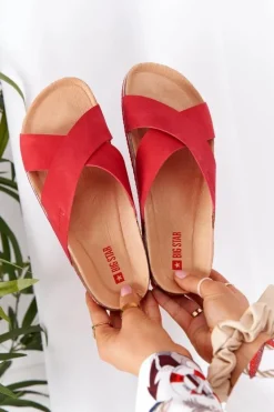 Skórzane Profilowane Klapki Big Star HH274598 Czerwone